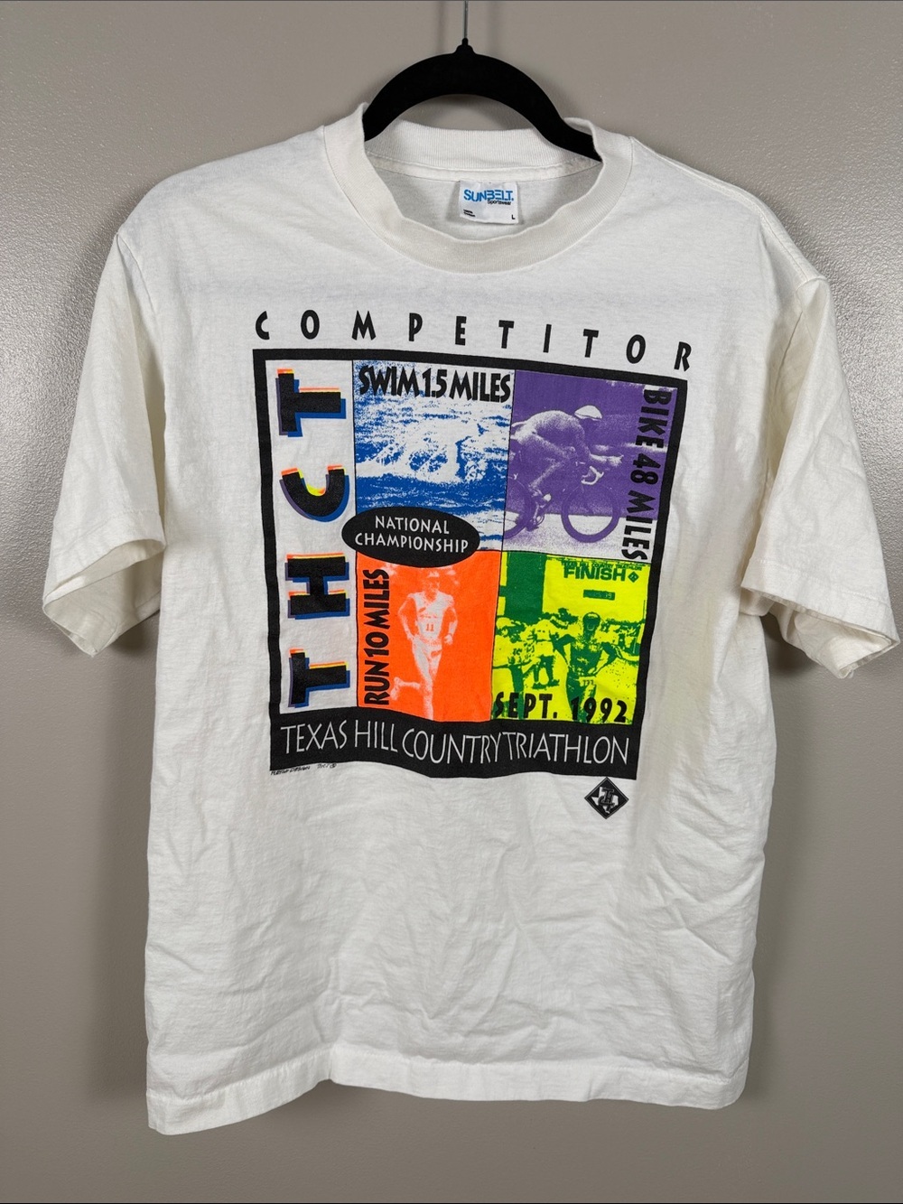 Vintage Sunbelt White Multicolor Texas Hill Country Triathlon Graphic Tee